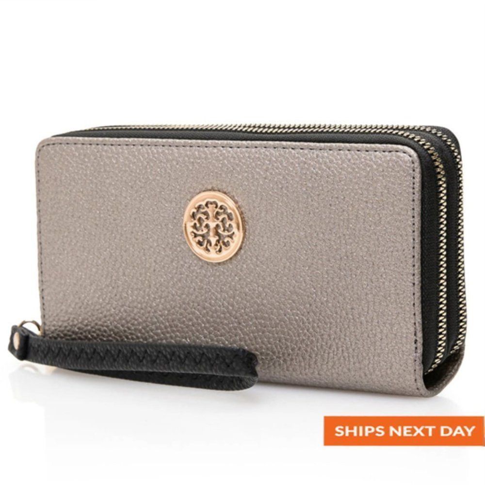 Metal Detail Metalic Leather Long Wallet
